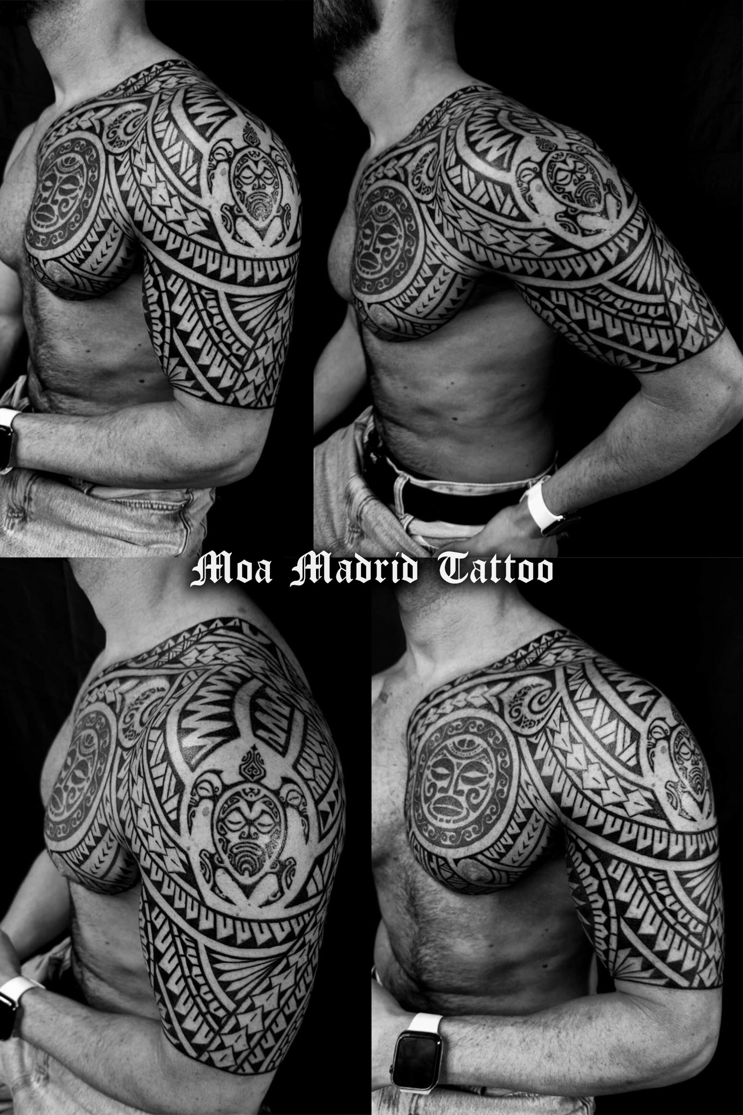 Tatuaje en brazo y pectoral maorí y samoano